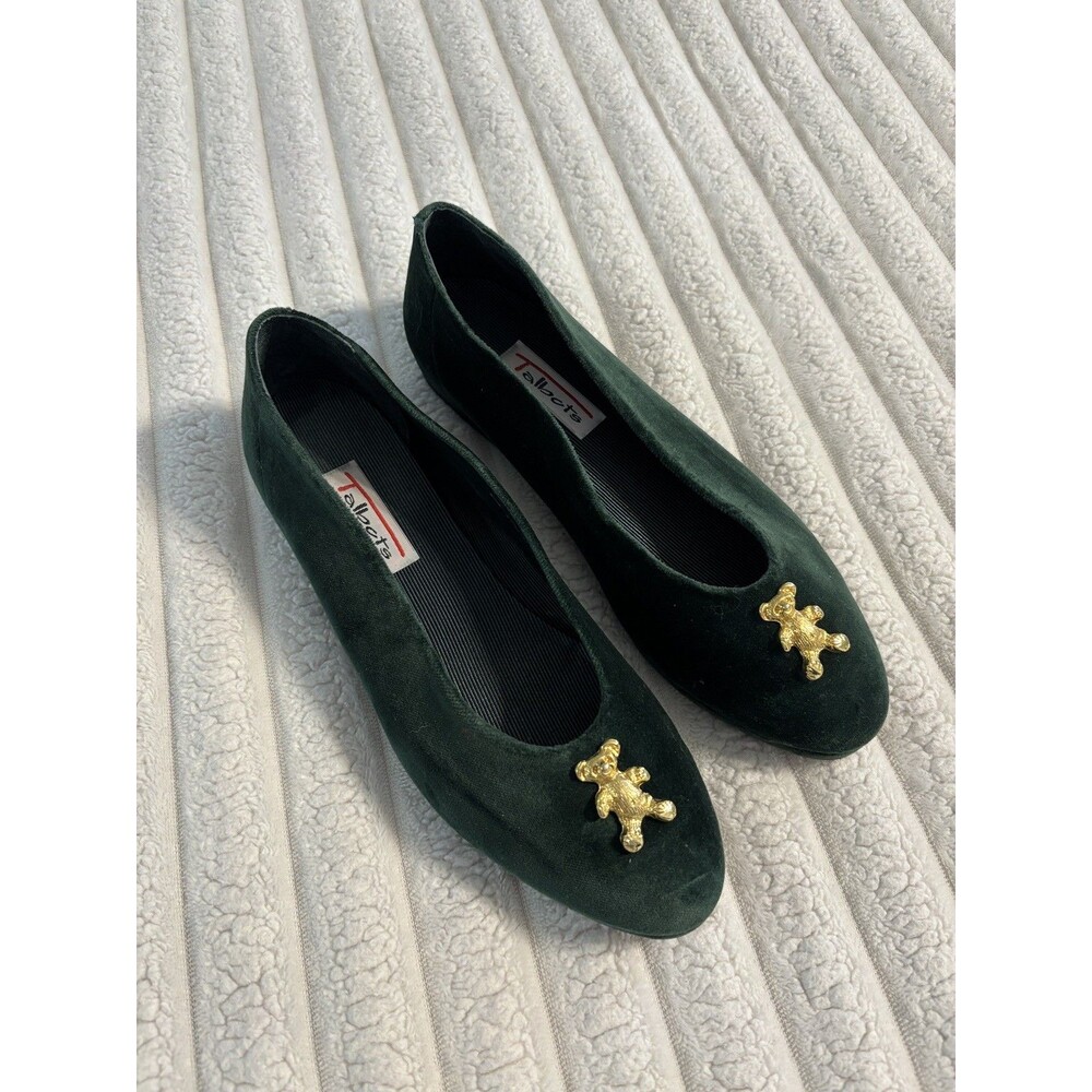 Vintage Talbots Velvet Gold Teddy Bear flats shoes Womens 8 Dark Green old money